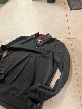 Ted Baker Men's Charcoal Zip-Up Sweater with Burgundy Trim